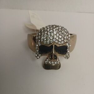 NWT LARGE Crystal Skull Clamper Bracelet Bling Rhinestones Black Gold Bangle